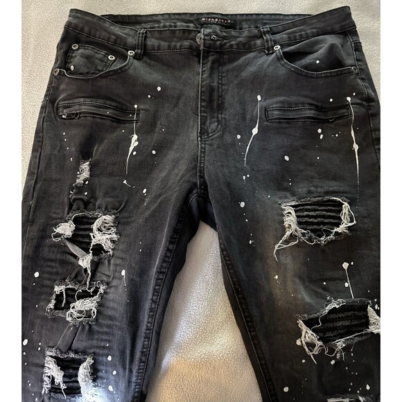 M Society Distressed Ribbed Ripped Paint Skinny Jeans Men's Size 38x32 Black - Picture 4 of 16